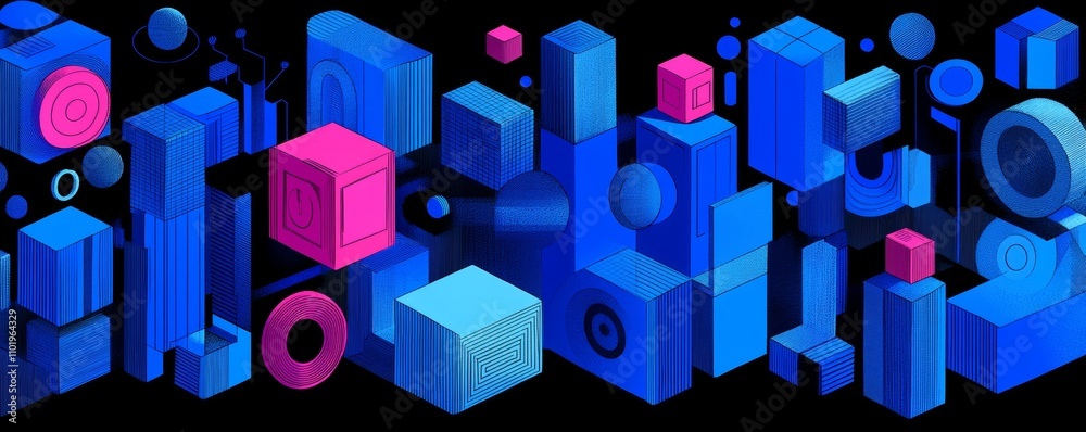 Poster an abstract geometric design with isometric digital blocks symbolizing the blockchain concept and cu
