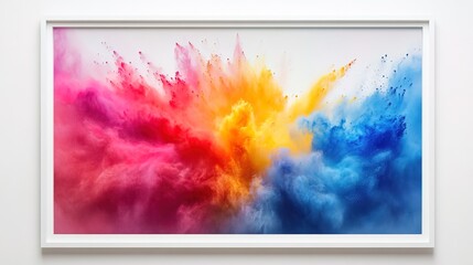 Vibrant explosion of colorful powder clouds within white frame