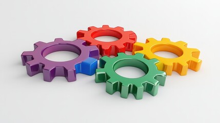 Multicolored 3D gears interlocking in a playful arrangement on a plain white background