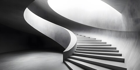 Winding gray staircase symbolizes life's complexity, blending choices and experiences beyond black and white. Its curves embody uncertainty and growth, making it an inspiring, reflective background.