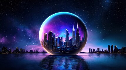 Futuristic Cityscape Floating in Glowing Sphere over Starry Galaxy Landscape