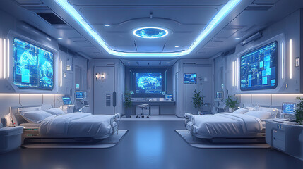 Fototapeta premium Modern hospital room with advanced technology and digital displays for patient care during the night. Generative AI