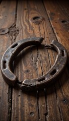 vertical, old rusty horse shoe as symbol for lucky charm on rustic wooden background