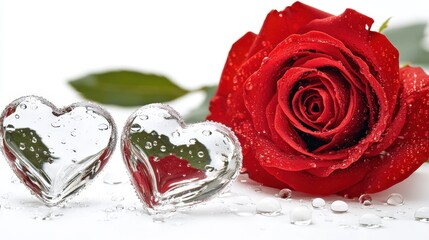 Red rose with crystal hearts and water droplets.