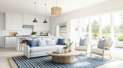 Modern living room featuring stylish furniture, bright natural light, and a cozy atmosphere with a soothing color palette.