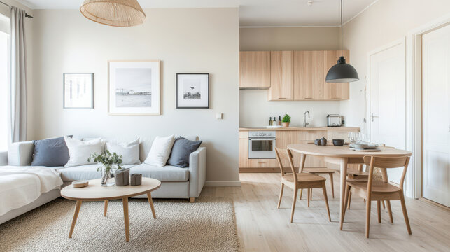 Modern living room and dining area with minimalist design, featuring natural light and neutral tones for a serene atmosphere.