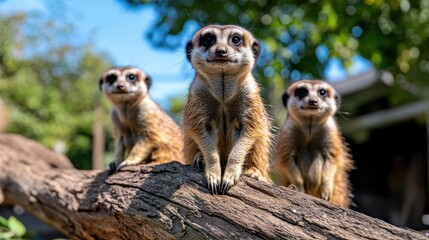 Fototapeta premium Three meerkats sit closely on a wooden log in their natural habitat, displaying curiosity and companionship amidst an outdoor backdrop, evoking a sense of exploration.