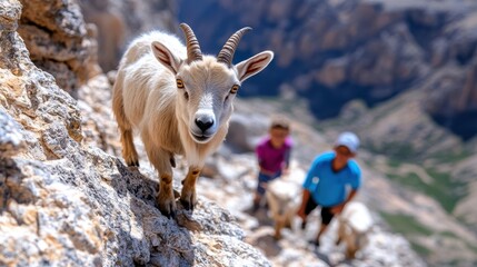 Naklejka premium A mountain goat gazes into the camera while two hikers approach from behind on a rocky slope, highlighting exploration and harmony with nature.