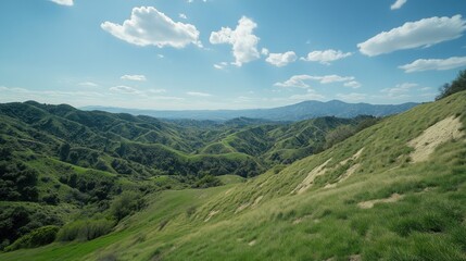 Obraz premium A scenic view of rolling green hills under a clear blue sky with distant mountains.