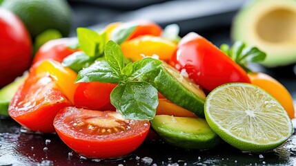 A lively arrangement of avocado and tomato slices paired with fresh lime, basil, and sprinkled salt, emphasizing freshness, flavor, and visual appeal.