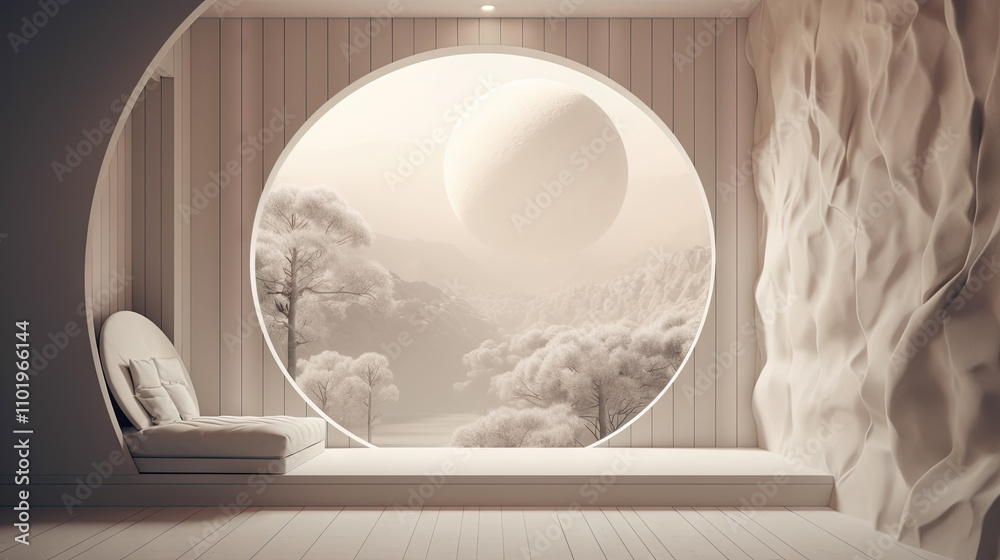 Poster Interior with circular architecture form in 3D style. Abstract room with arc element and trees.