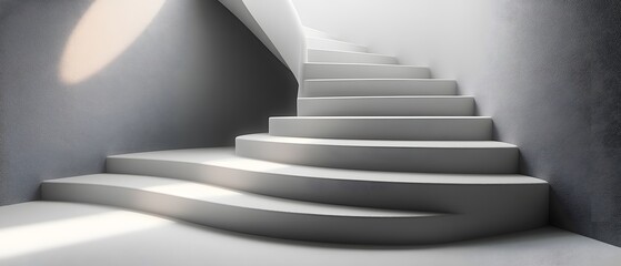 Fototapeta premium Winding gray staircase symbolizes life's complexity, blending choices and experiences beyond black and white. Its curves embody uncertainty and growth, making it an inspiring, reflective background.