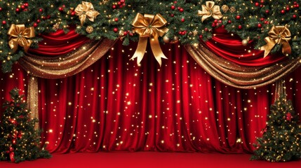 Elegant Christmas Stage Decor with Red Curtains and Golden Accents