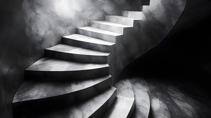 Winding gray staircase symbolizes life's complexity, blending choices and experiences beyond black and white. Its curves embody uncertainty and growth, making it an inspiring, reflective background.