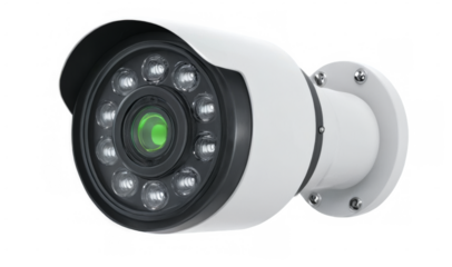 White security camera with round lens on transparent background, mounted on white base, cylindrical design with green focal point.