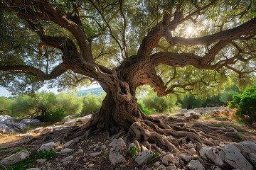Obraz premium A large, ancient olive tree stands in the middle of a garden in Crete