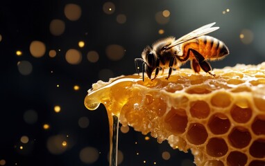Naklejka premium A close-up shot of honey dripping from a honeycomb with a bee on it, captured with a shallow depth of field and a dark background to highlight the golden honey. 