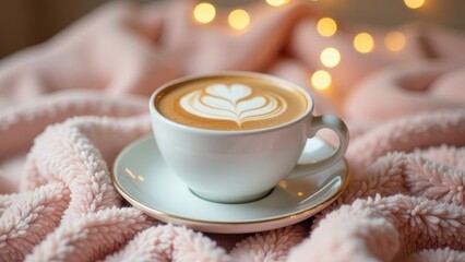 A mug of hot cocoa or coffee on a knitted blanket against a background of golden lights. Cozy photo in soft, warm pink tones. Harmony and cozy Christmas and winter concept.