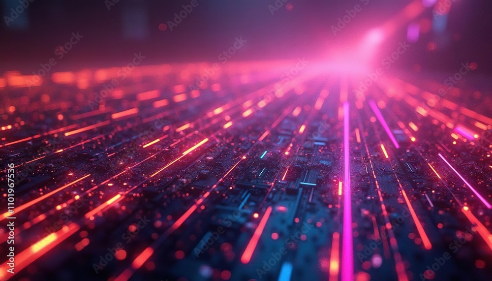 Poster abstract digital landscape with glowing neon waves and particles in vibrant colors