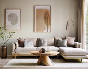 Cozy, minimalist living room with neutral tones, sectional sofa, wood elements, large windows, and soft lighting