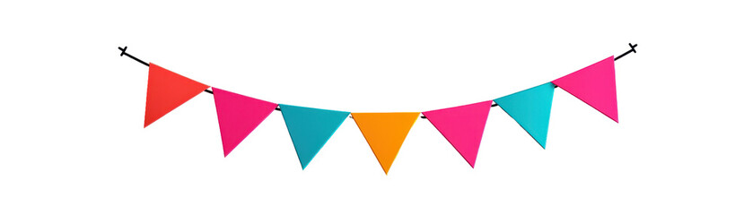 Colorful party bunting flags hanging outdoors for festive celebrations and events. transparent background.