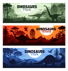 Prehistoric dinosaurs silhouettes on horizontal banners of Jurassic era, vector backgrounds. Dino world or dinosaurs adventure park or museum banners with T-rex and prehistoric giants at sunset © Vector Tradition