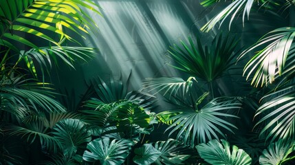 Vibrant rainforest scene with dense foliage and sunlight filtering through the canopy