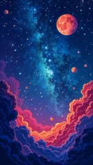 Fototapeta premium abstract landscape, space, dreams, dreams, future, fantasy, life in space, science fiction, sky, waves and clouds, planets and galaxies, stars, nebula, black hole, planet cluster, poster, postcard