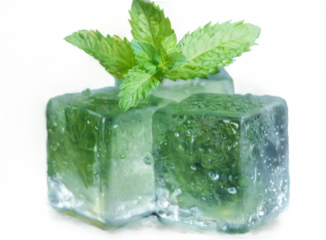 Ice cubes with water droplets in pyramid formation garnished with fresh mint on transparent background. Blue and green.