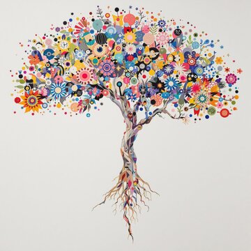 Abstract collage artwork of a tree of life with mixed media elements and textured layers, Collage, nature, artwork, mixed media, artistic