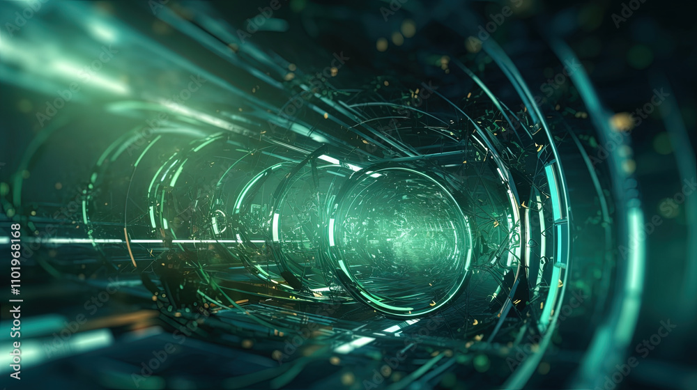 Poster abstract light streaks in a dynamic digital space with glowing green elements