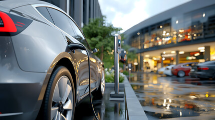 Ev charging dock at shopping mall parking lot urban environment technology/transport perspective for easy electric vehicle access