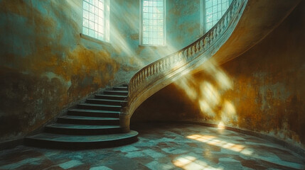 Sunlit ancient spiral staircase in abandoned historical building with rustic walls