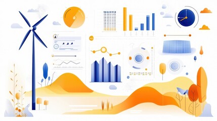 Obraz premium Renewable Energy Analytics Dashboard Showcasing Wind Turbines and Solar Panels in Scenic Desert Landscape with Mountains and Dramatic Sunset Sky Infographic Visualization of Clean Energy Production