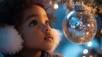 Naklejka premium Child Gazing at Christmas Ornament