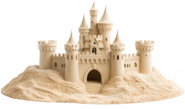 Majestic Sandcastle on Hill with Towers and Turrets, Stone Walls, and Arches Under Starry Sky - Detailed Realistic View
