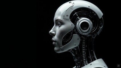 portrait of a robot, robot face in profile, robotics, robotics, robotics, on a black background, people and machines, future, technology, science, technology