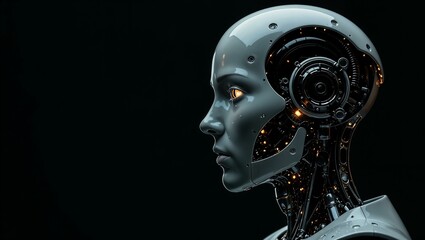 portrait of a robot, robot face in profile, robotics, robotics, robotics, on a black background, people and machines, future, technology, science, technology