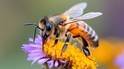 A detailed close-up of a bee extracting nectar from a vibrant purple flower, showcasing the intricate features of the insect and the flower's dynamic colors.