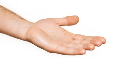 Close-up of person's open hand with spread fingers and upward facing light pink palm against transparent background.
