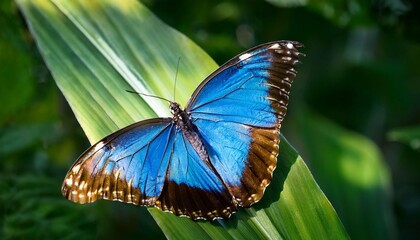 Naklejka premium A close-up of a vibrant blue butterfly resting on a green leaf