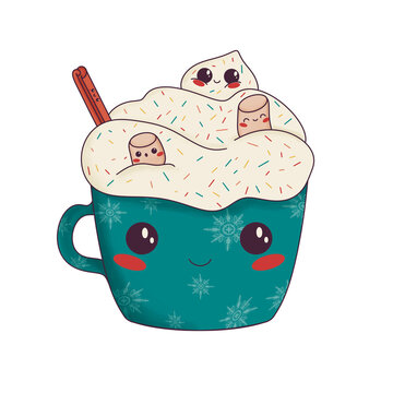 Tasse kawaii de chocolat chaud avec chantilly, cannelle et b&acirc;ton de chamallow.