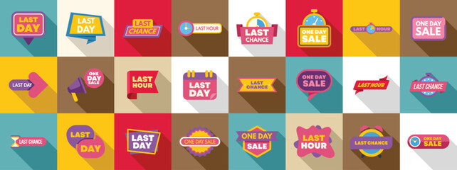 Last time offer icons set. Colorful icons representing last day, last hour, last chance and one day sale for marketing campaign