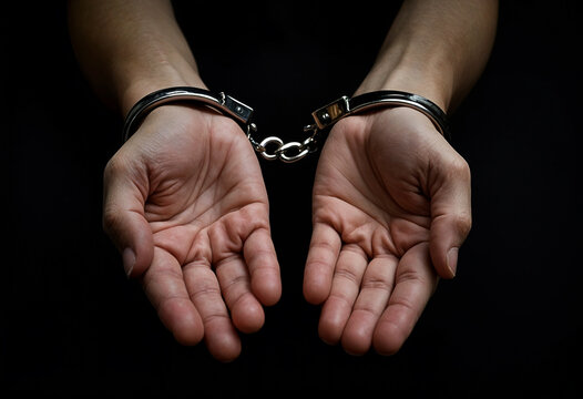 Metal handcuffs restrain hands palms up against dark background.