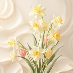Fototapeta premium A delicate combination of daffodils and tulips on an elegant spring abstract floral background with gentle curves and lines, floral, spring, colorful, daffodils