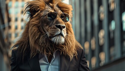 A lion wearing sunglasses and a business suit, with a city background