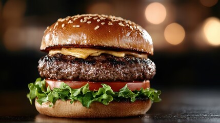 A classic image of a cheeseburger showcasing succulent beef patty, fresh tomato, crisp lettuce, and soft bun, creating a timeless and satisfying visual delight.