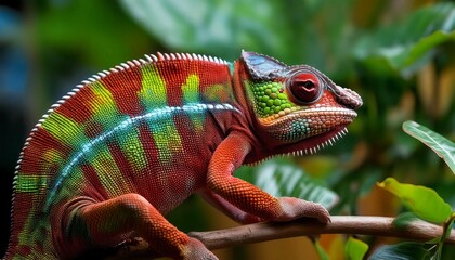Obraz premium A close-up of a colorful chameleon blending into its surroundings