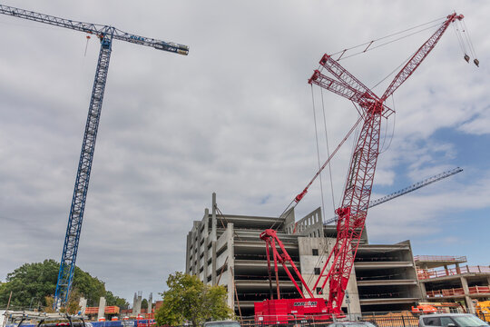 CHARLOTTE, NC, USA-6 OCT 2019: New construction in First Ward, with tall cranes.