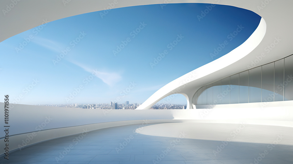 Poster Abstract architecture scene with smooth curves. Abstract background with futuristic building in white and blue colors.